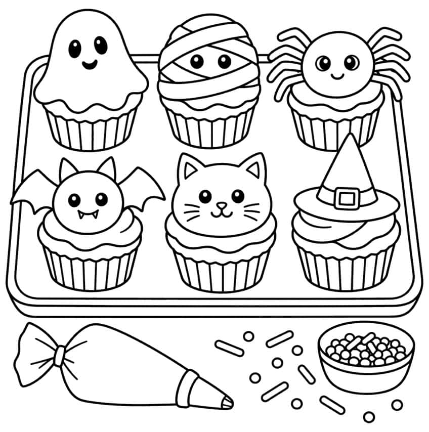 Tray of six Halloween cupcakes with ghost, mummy, spider, bat, cat and witch hat, plus piping bag and sprinkles