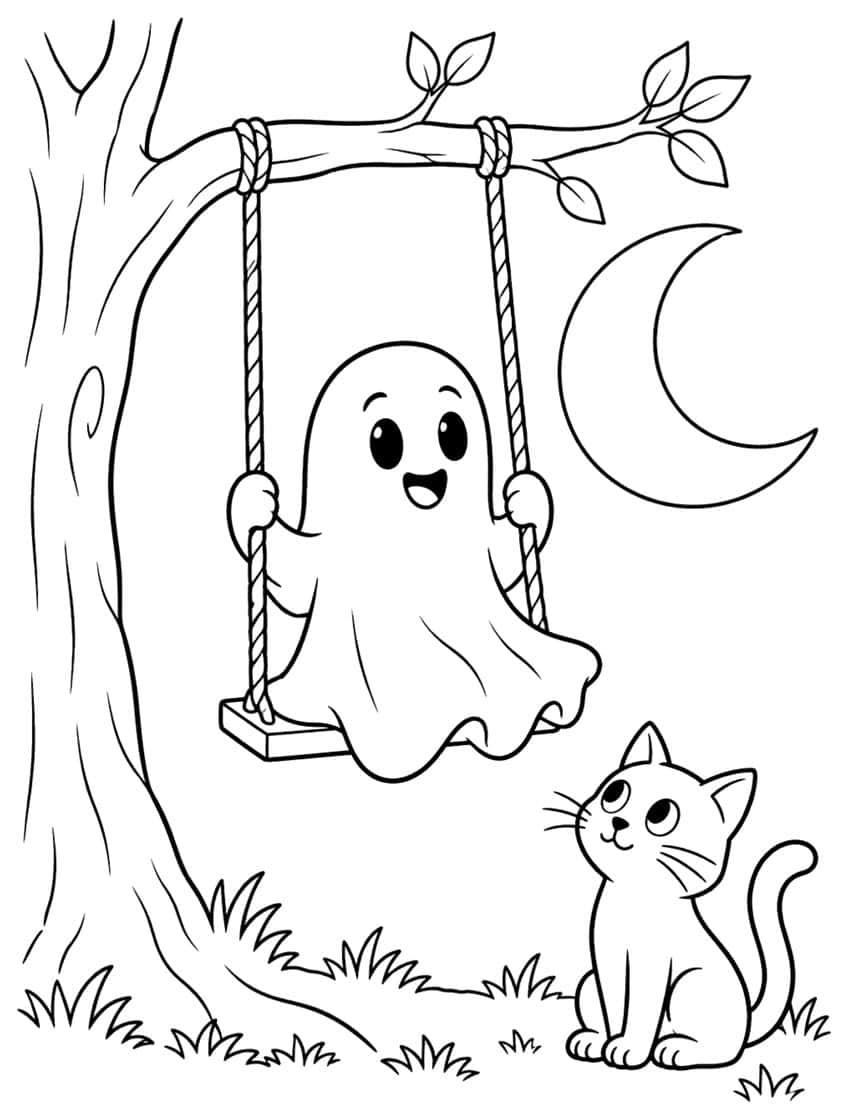 Smiling ghost on a rope swing under a tree branch, crescent moon, and a kitten sitting in the grass