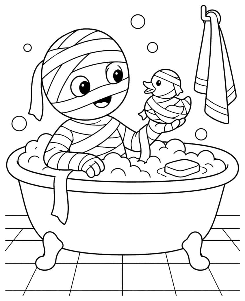 Smiling mummy in a clawfoot bathtub with foam, holding a bandaged rubber duck, soap, towel and tiles