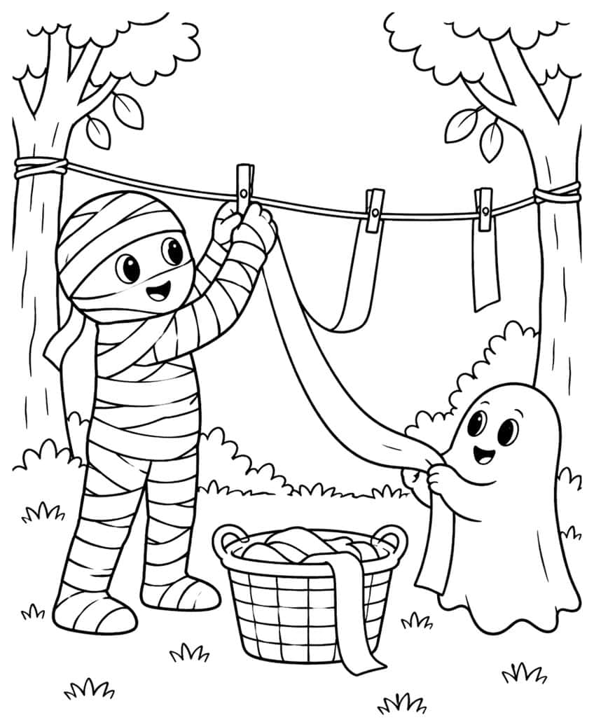 Mummy and ghost hanging cloth strips on a clothesline between two trees, with a laundry basket