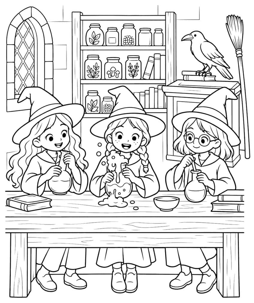Three young witches with flasks at a wooden table, jar shelf, raven, broom and arched window