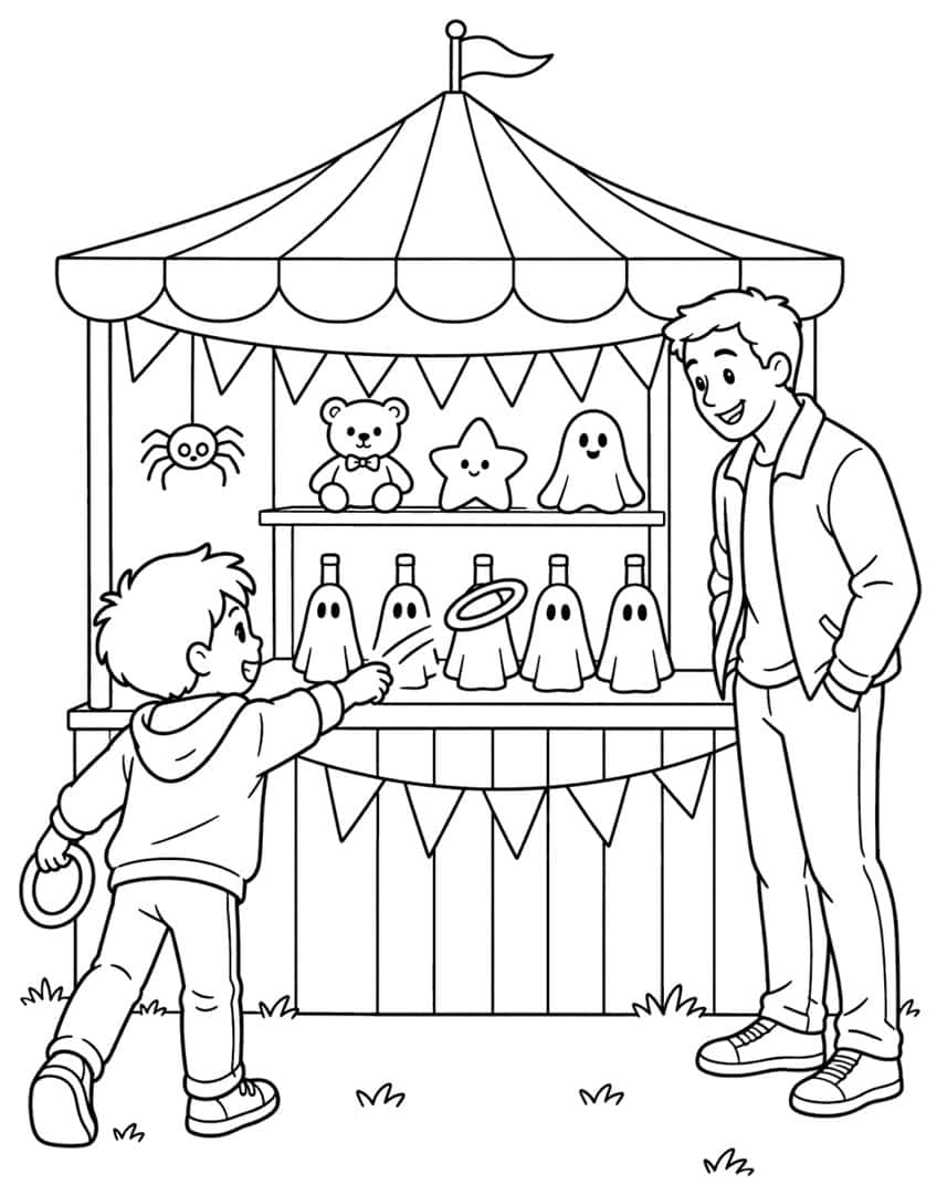 Boy throwing a ring at ghost bottles in a striped fair booth, a man watching, bunting and a spider