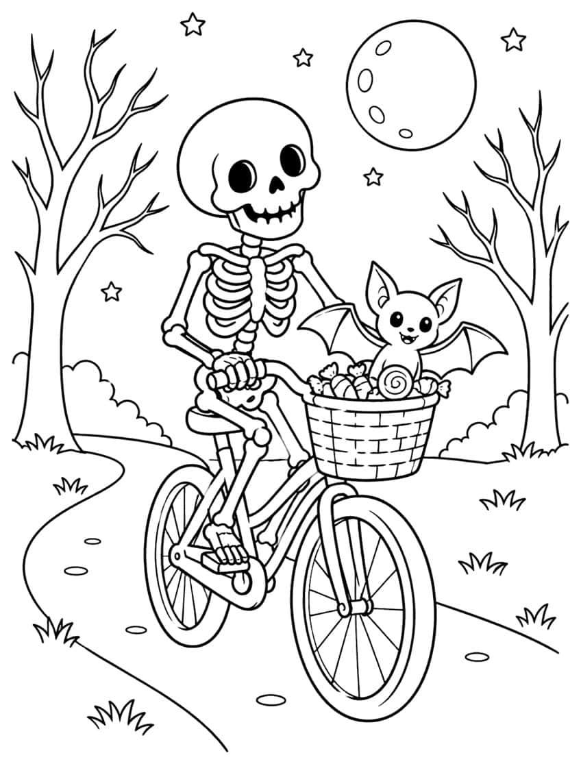 Skeleton riding a bicycle with a bat and candy in the basket, bare trees, moon and winding path