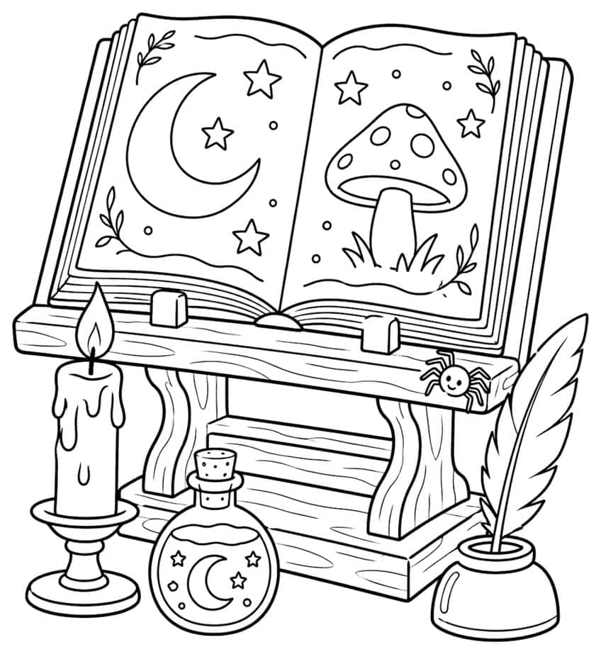 Open spellbook on a wooden stand with moon, mushroom, candle, potion bottle, inkwell with quill and spider
