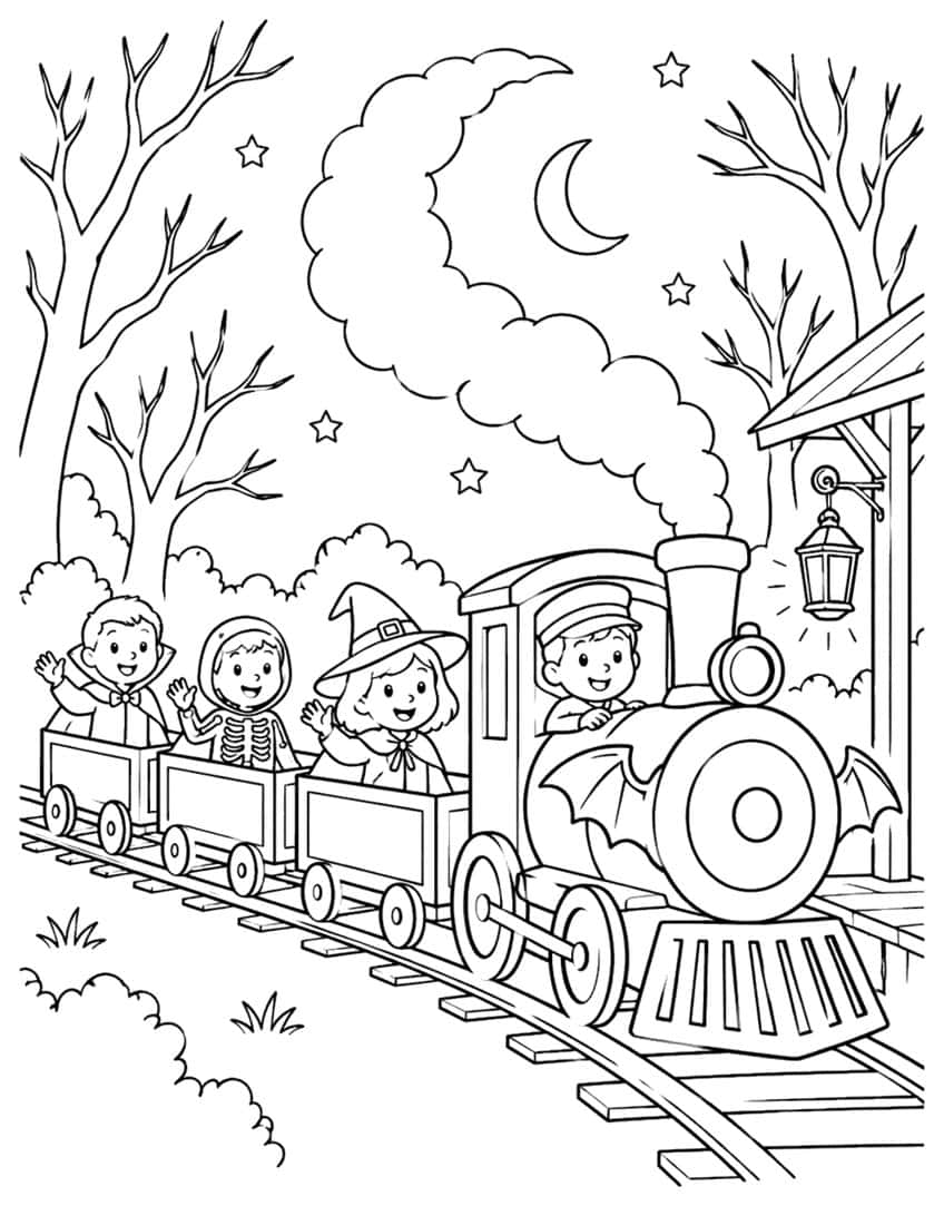Steam locomotive with bat wings pulling three cars with a vampire, skeleton and witch kids under a crescent moon