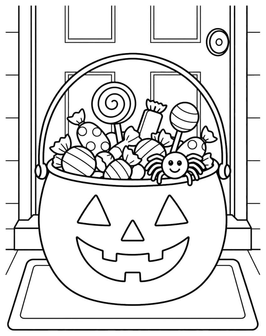 Jack-o'-lantern bucket full of candy and lollipops with a smiling spider, on a doormat before a door
