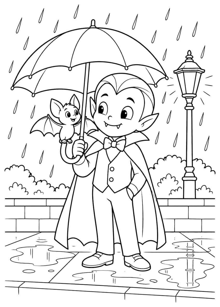 Cartoon vampire boy with umbrella, small bat on handle, street lamp, brick wall, bushes and puddles in the rain