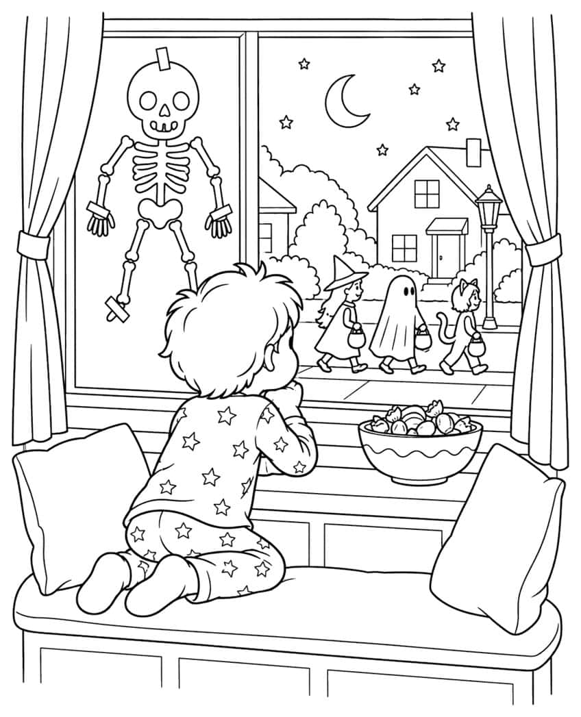 Child in star pajamas at a window watching a witch, ghost and cat pass by, with a skeleton and candy bowl
