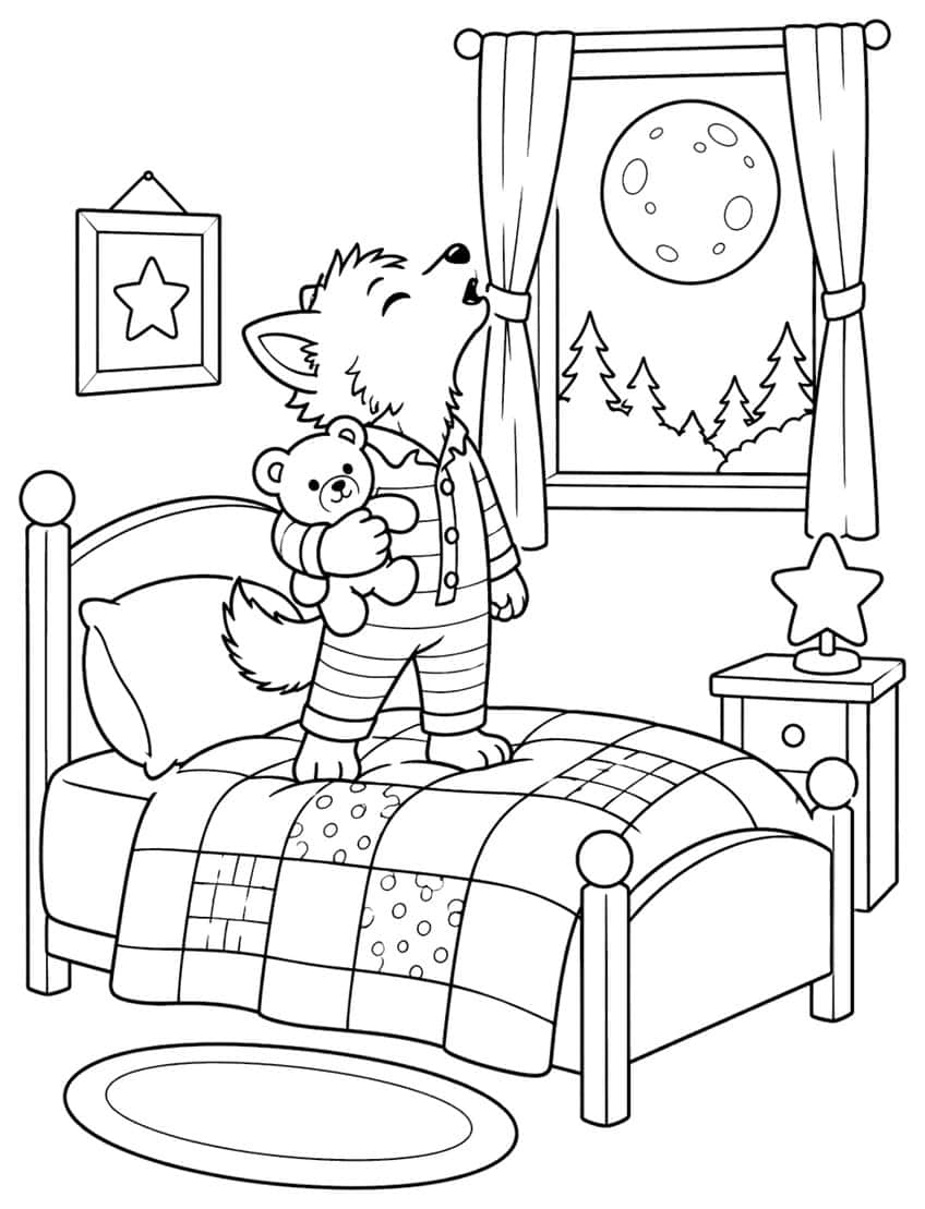 Werewolf pup in striped pajamas holding a teddy bear on a quilted bed, howling at the moon