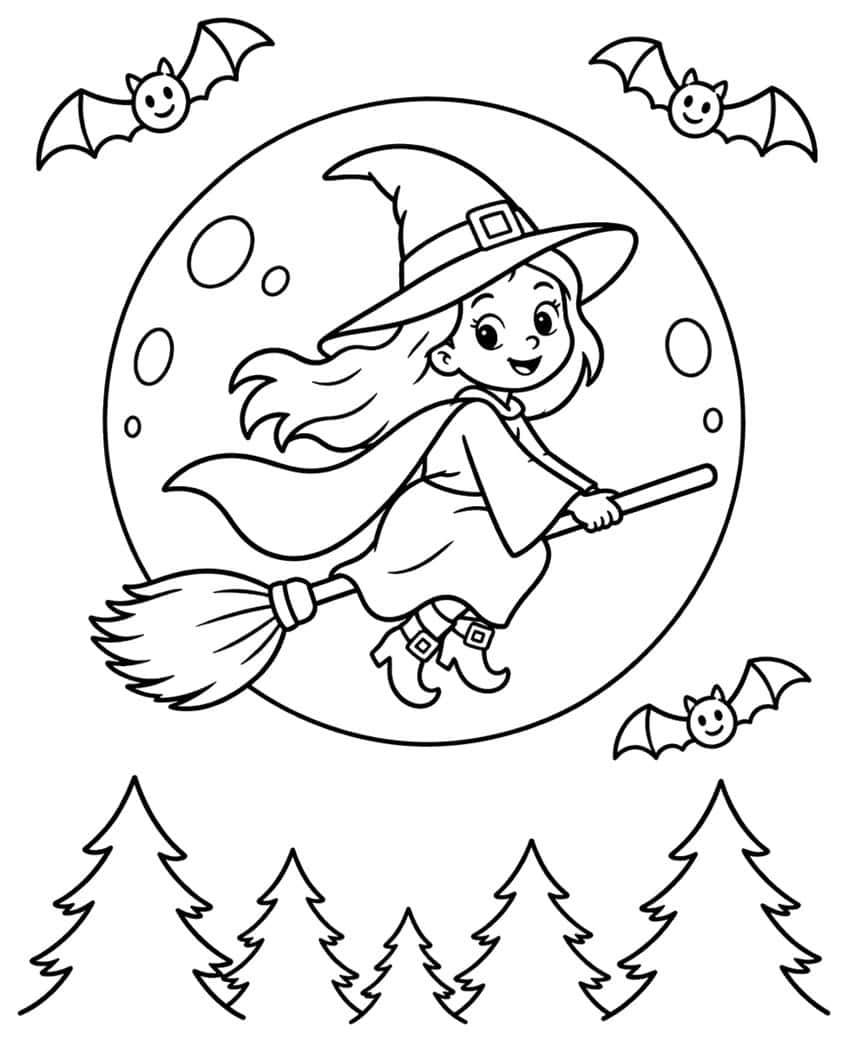 Smiling witch on a broom in front of a full moon, with three bats and five fir trees