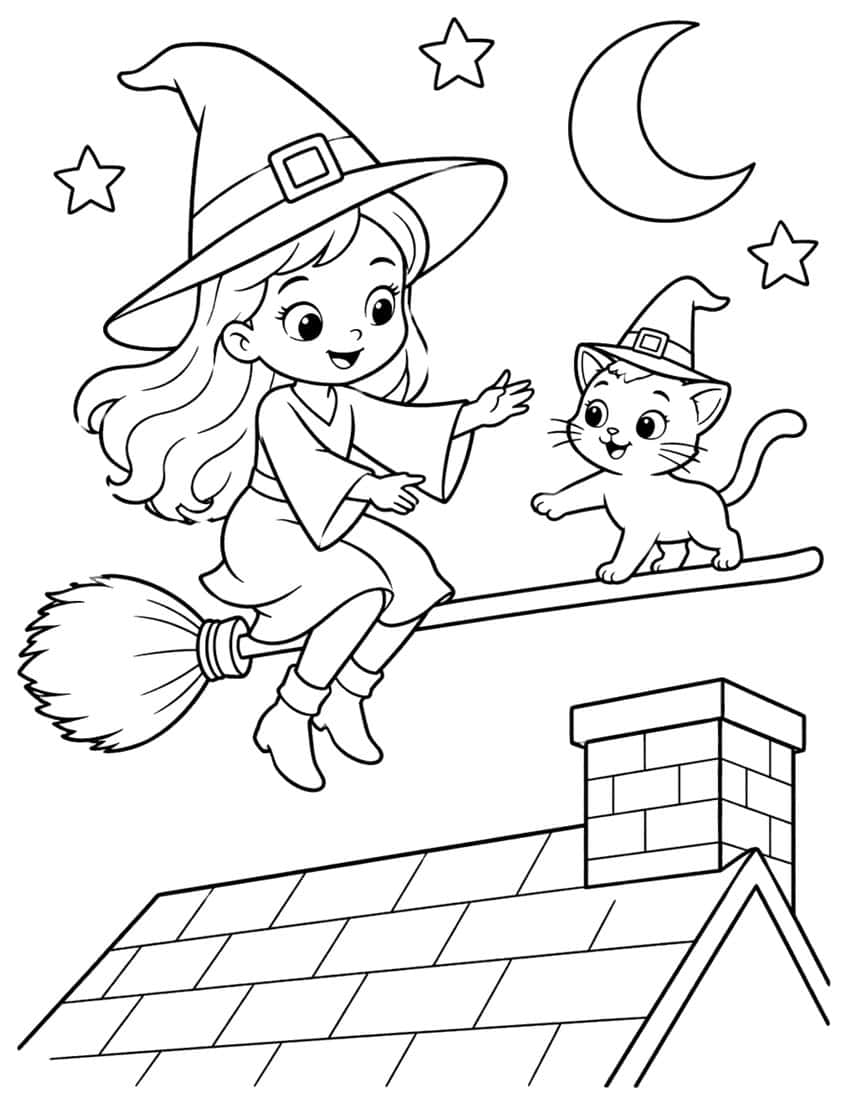 Witch girl and kitten in hat on a flying broom above a roof, chimney, crescent moon and stars