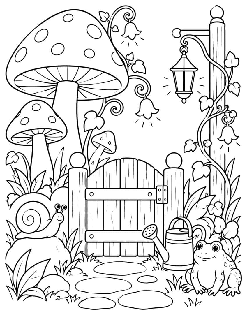 Garden gate with big spotted toadstools, snail, toad, watering can, lantern and bellflower vines
