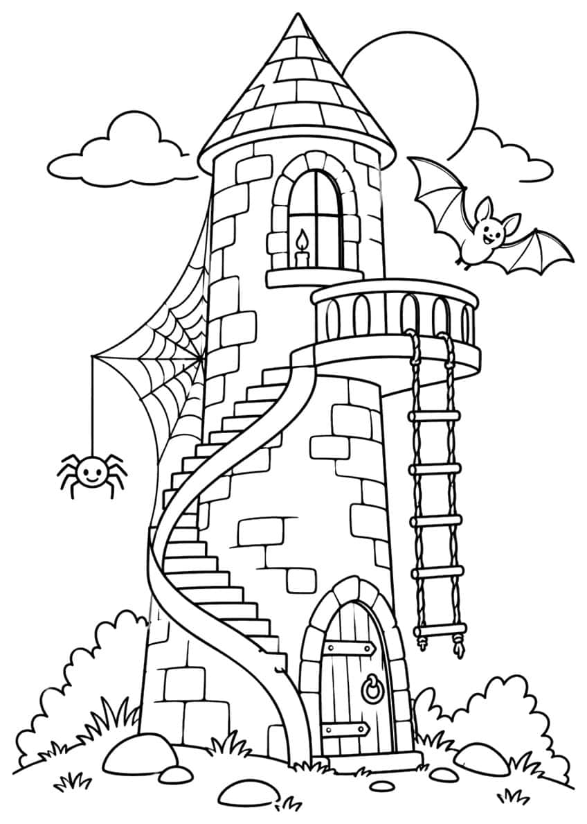 Stone wizard tower with spiral stairs, rope ladder, cobweb, smiling spider, bat and full moon