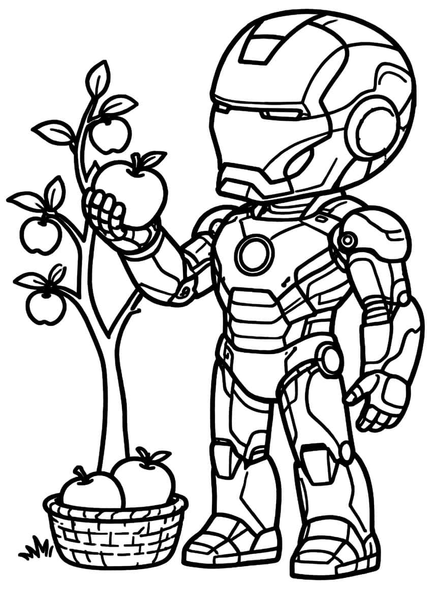 Chibi Iron Man picking an apple from a small tree, with a woven basket of apples at its base