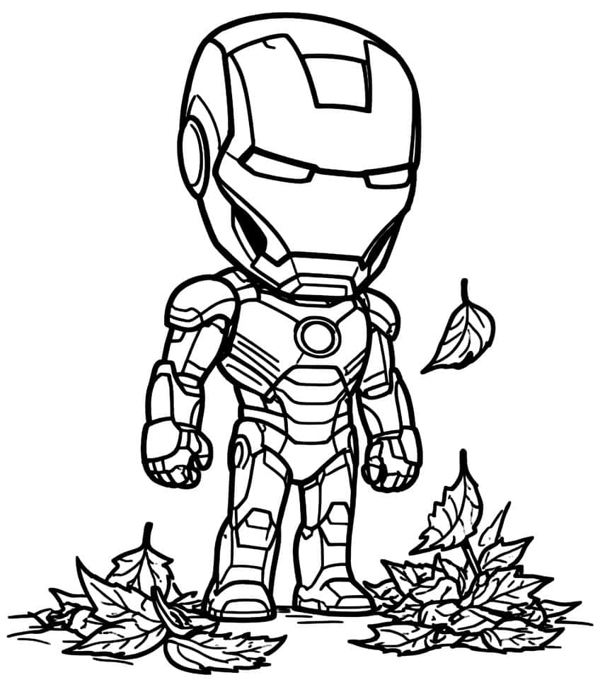 Chibi Iron Man with a big helmet standing between two piles of autumn leaves, one leaf falling