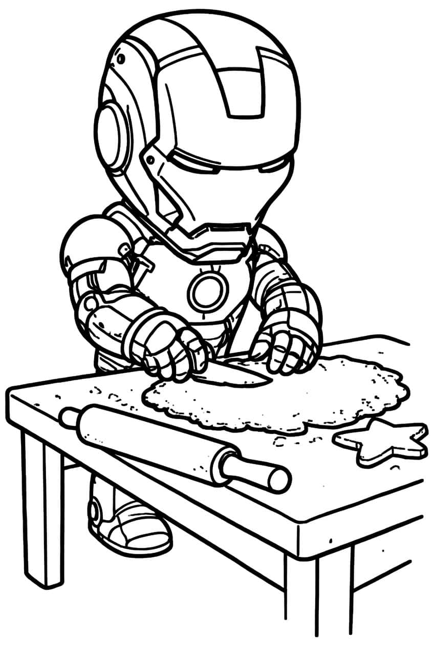 Chibi Iron Man at a table cutting dough with a knife, rolling pin and star cookie beside it