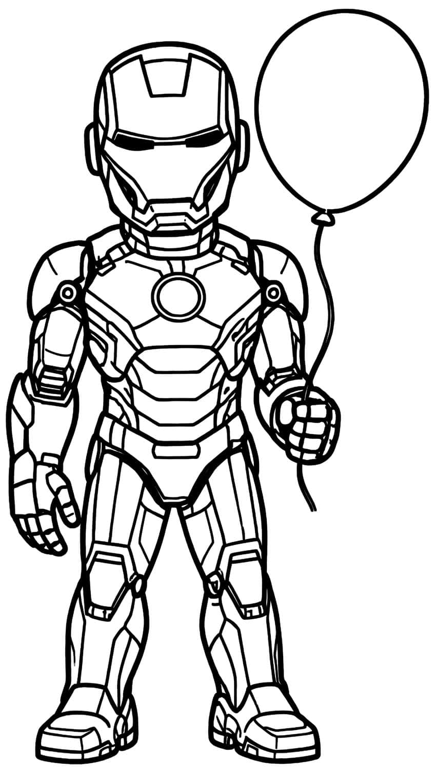 Iron Man in full armor holding a string with a large oval balloon floating beside him