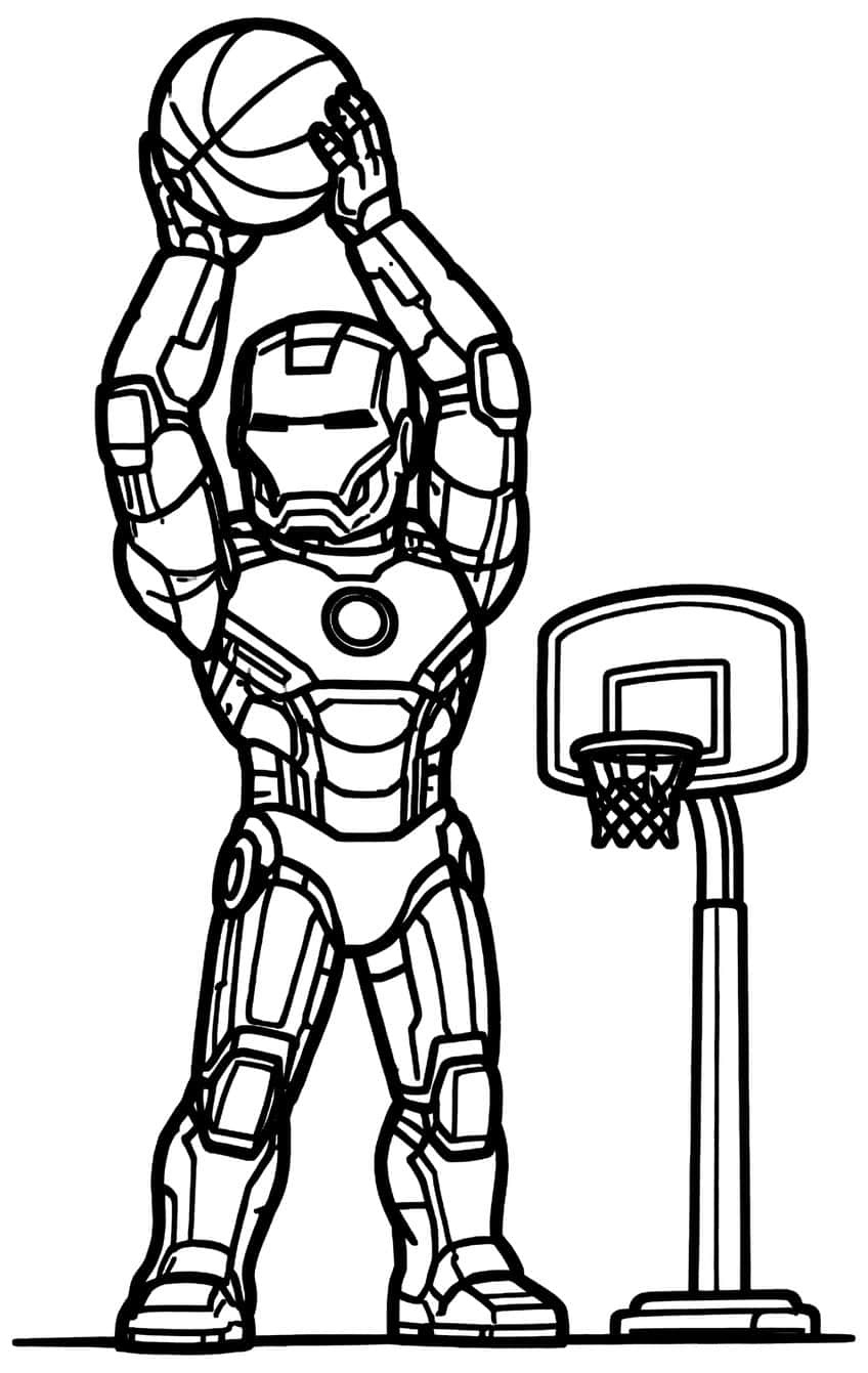 Iron Man holding a basketball above his head beside a basketball hoop with net on a pole