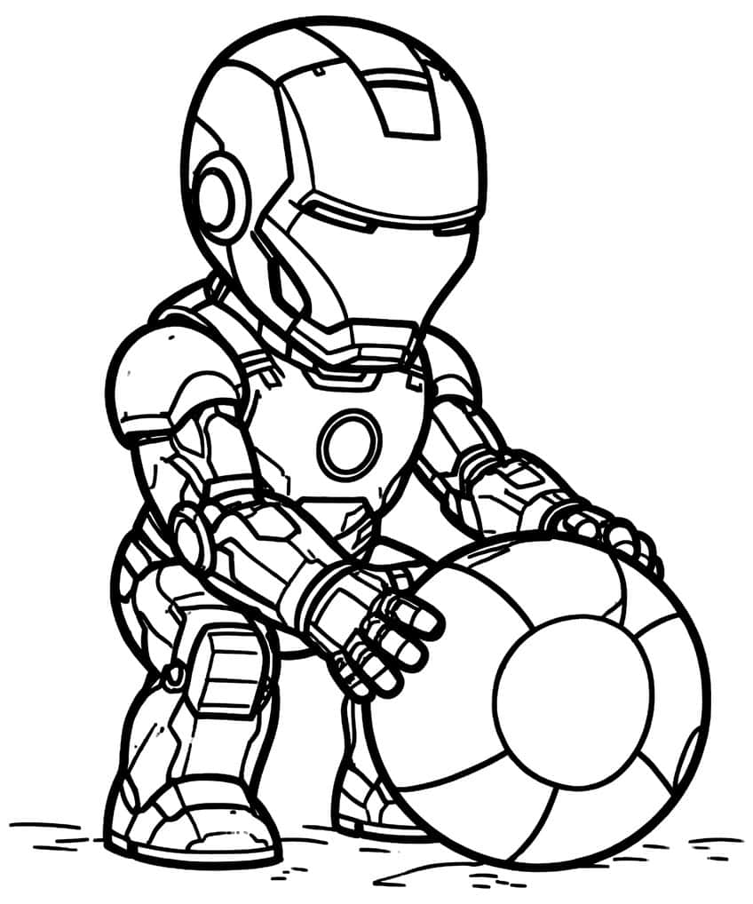 Chibi Iron Man crouching on sand with both hands on a large beach ball