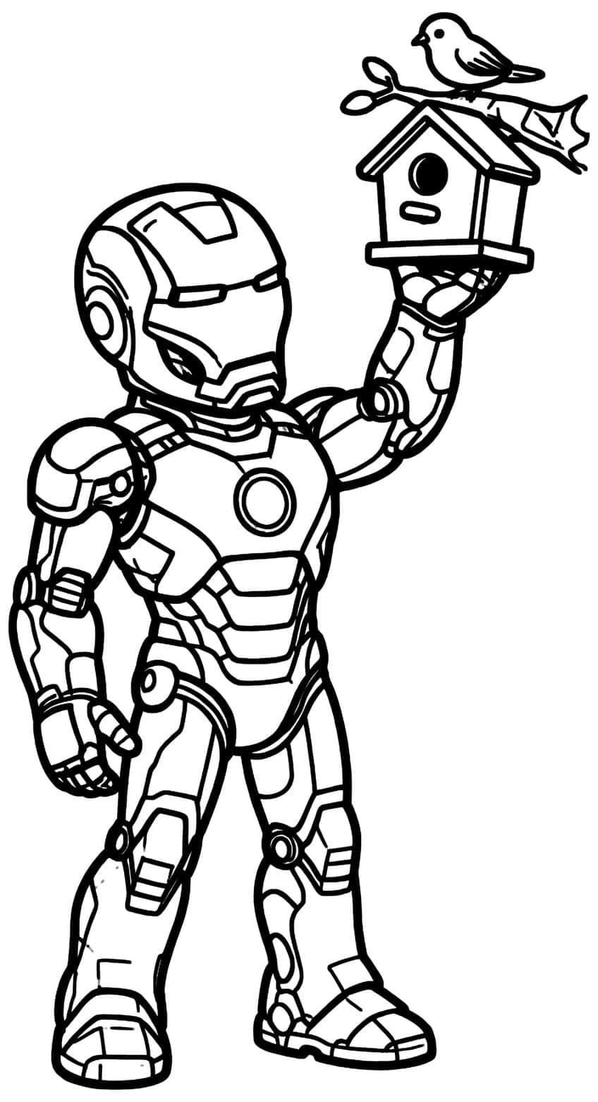 Iron Man holding up a birdhouse with a bird on a twig on its roof