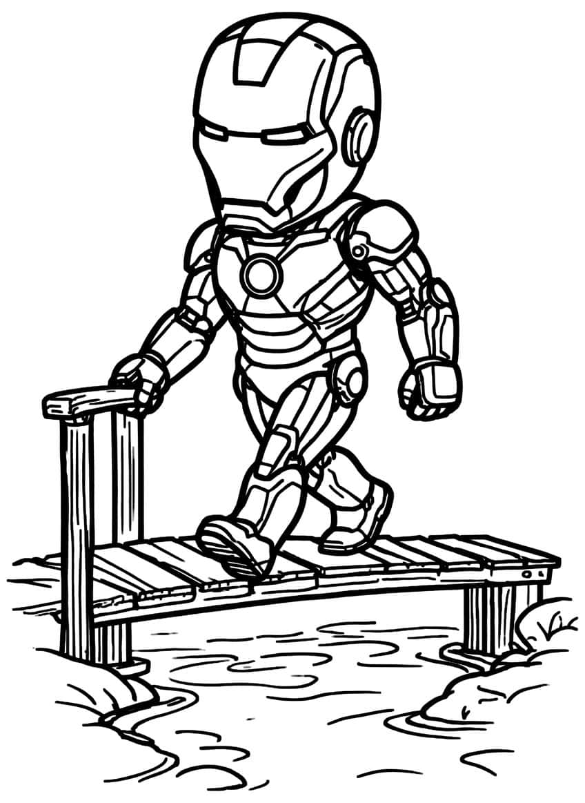 Chibi Iron Man walking over a plank bridge with a post, stream ripples and rocks