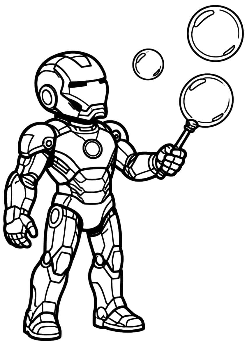 Iron Man holding a bubble wand with three soap bubbles floating above him