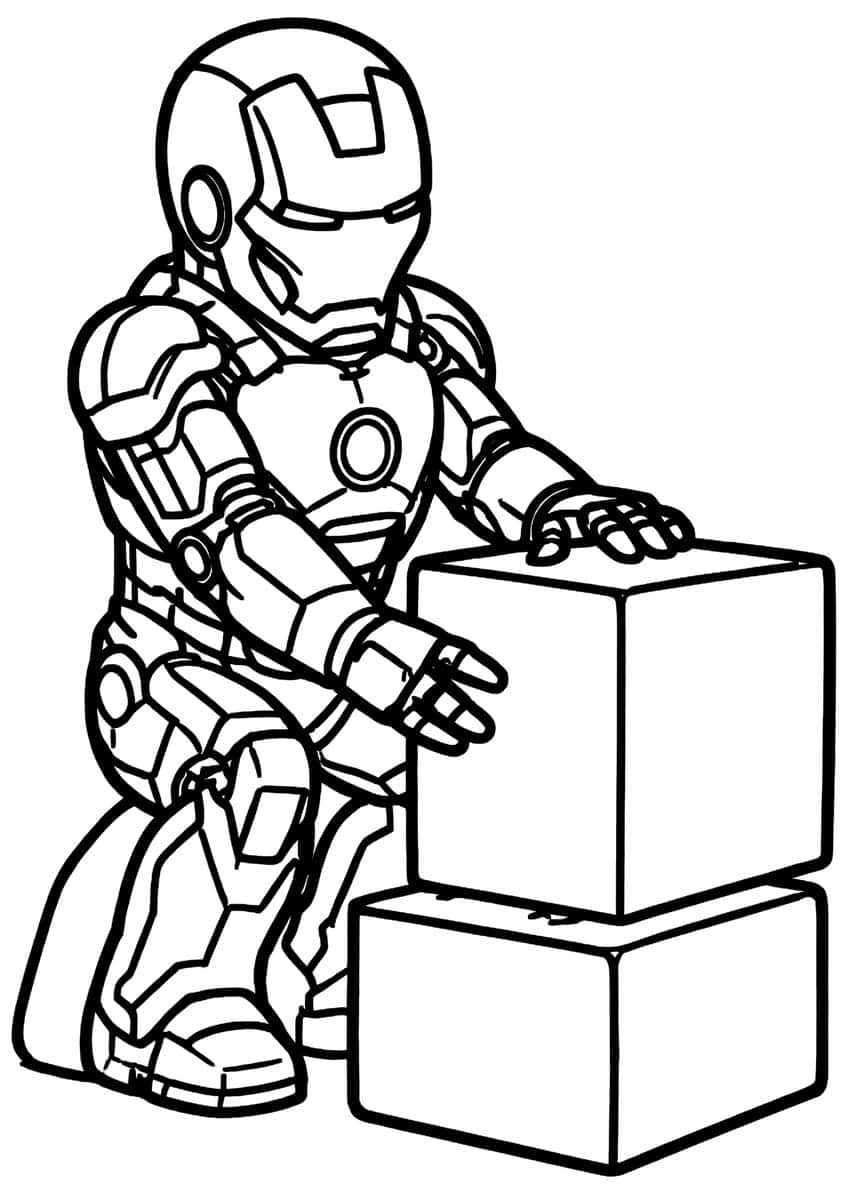 Chibi Iron Man kneeling with a hand on two stacked building blocks