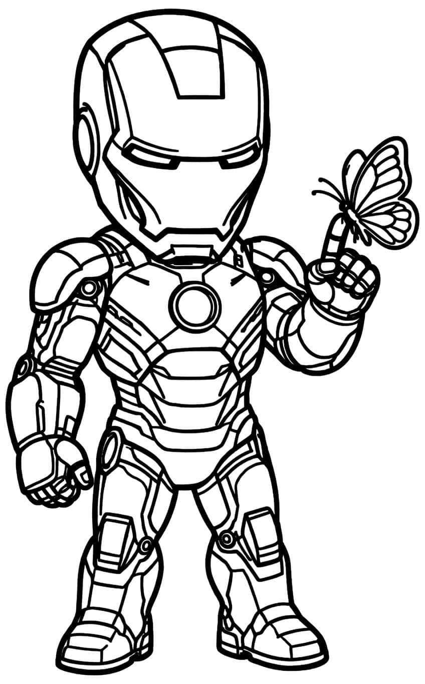 Chibi Iron Man in full armor with a butterfly resting on his raised finger