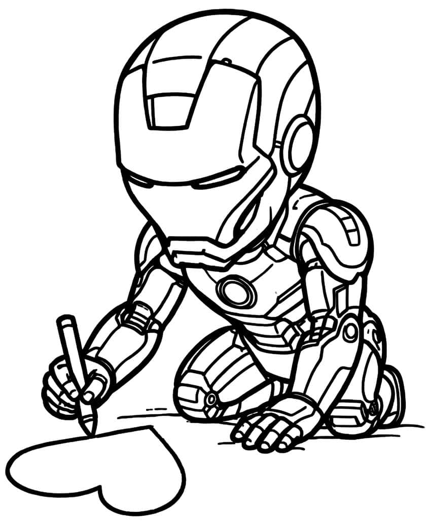 Chibi Iron Man kneeling and drawing a large heart with a crayon