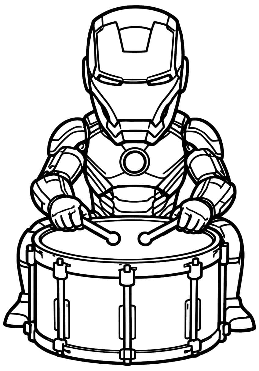 Chibi Iron Man sitting behind a snare drum, holding two drumsticks