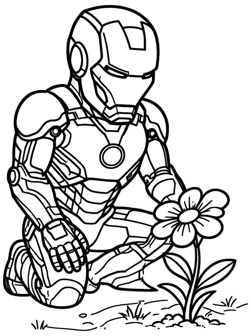 Iron Man kneeling in grass and looking at a large five-petal flower with a stem and two leaves