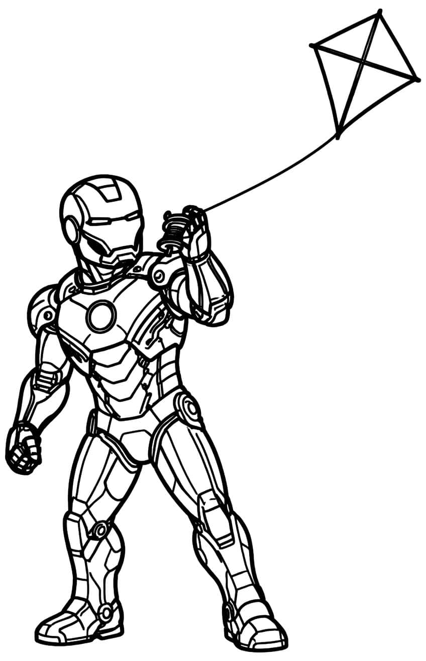 Iron Man in armor holding a string reel and flying a diamond-shaped kite
