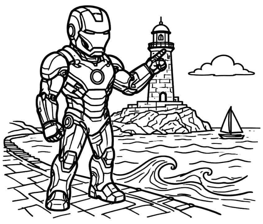 Iron Man on a tiled pier pointing at a brick lighthouse, with a sailboat, cloud and waves