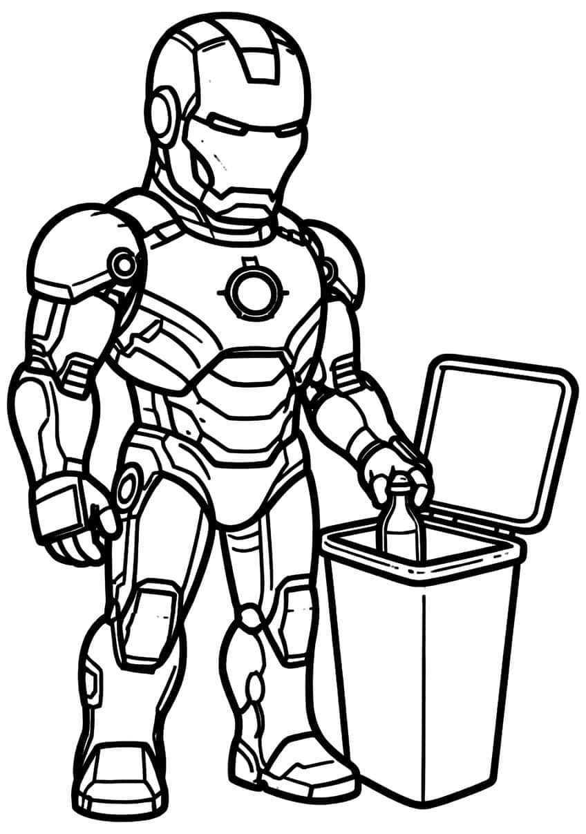 Iron Man in armor putting a bottle into an open trash bin with a raised lid