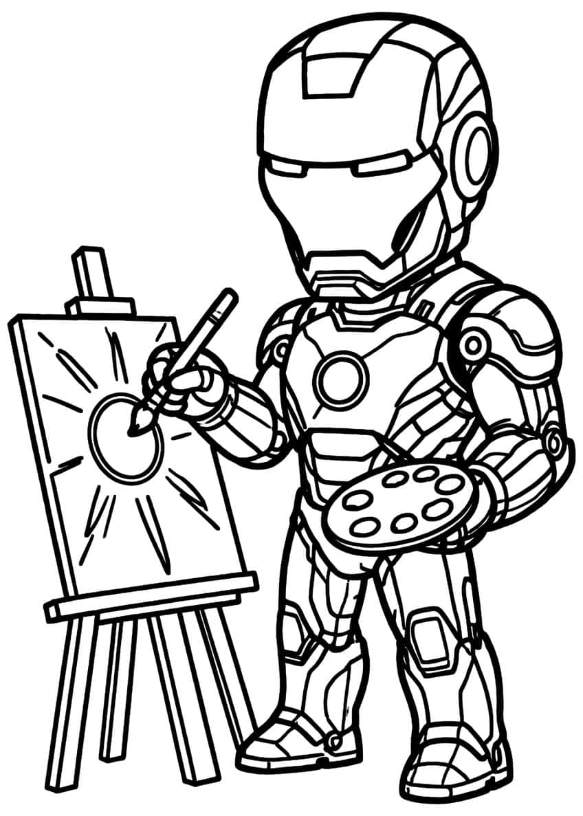 Chibi Iron Man holding a brush and palette in front of an easel with a circle painted on the canvas