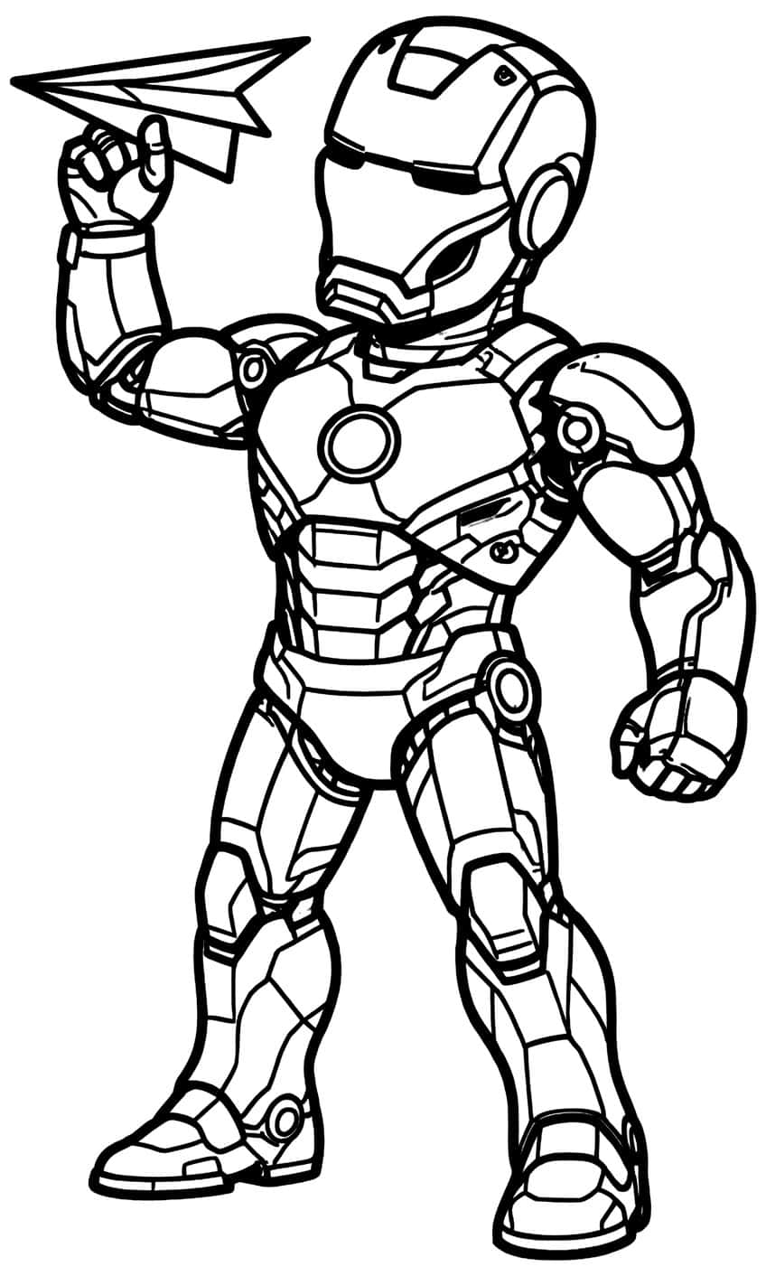 Iron Man standing and holding a paper plane in his raised hand, with arc reactor and armored legs