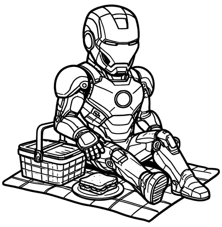Iron Man seated on a checkered blanket beside a picnic basket and a sandwich on a plate