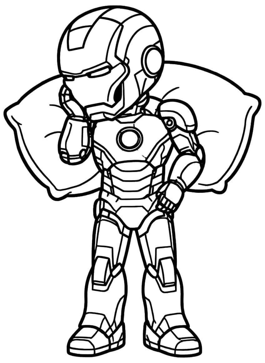 Chibi Iron Man resting his head on a large pillow, arc reactor on chest, one hand on hip