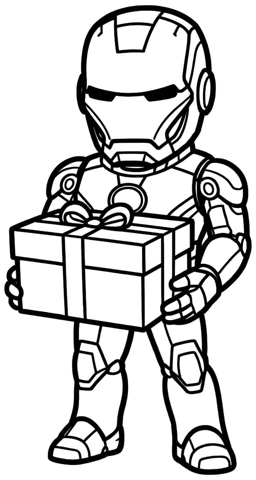 Chibi Iron Man holding a ribbon-tied gift box with a bow, arc reactor on chest, armored boots