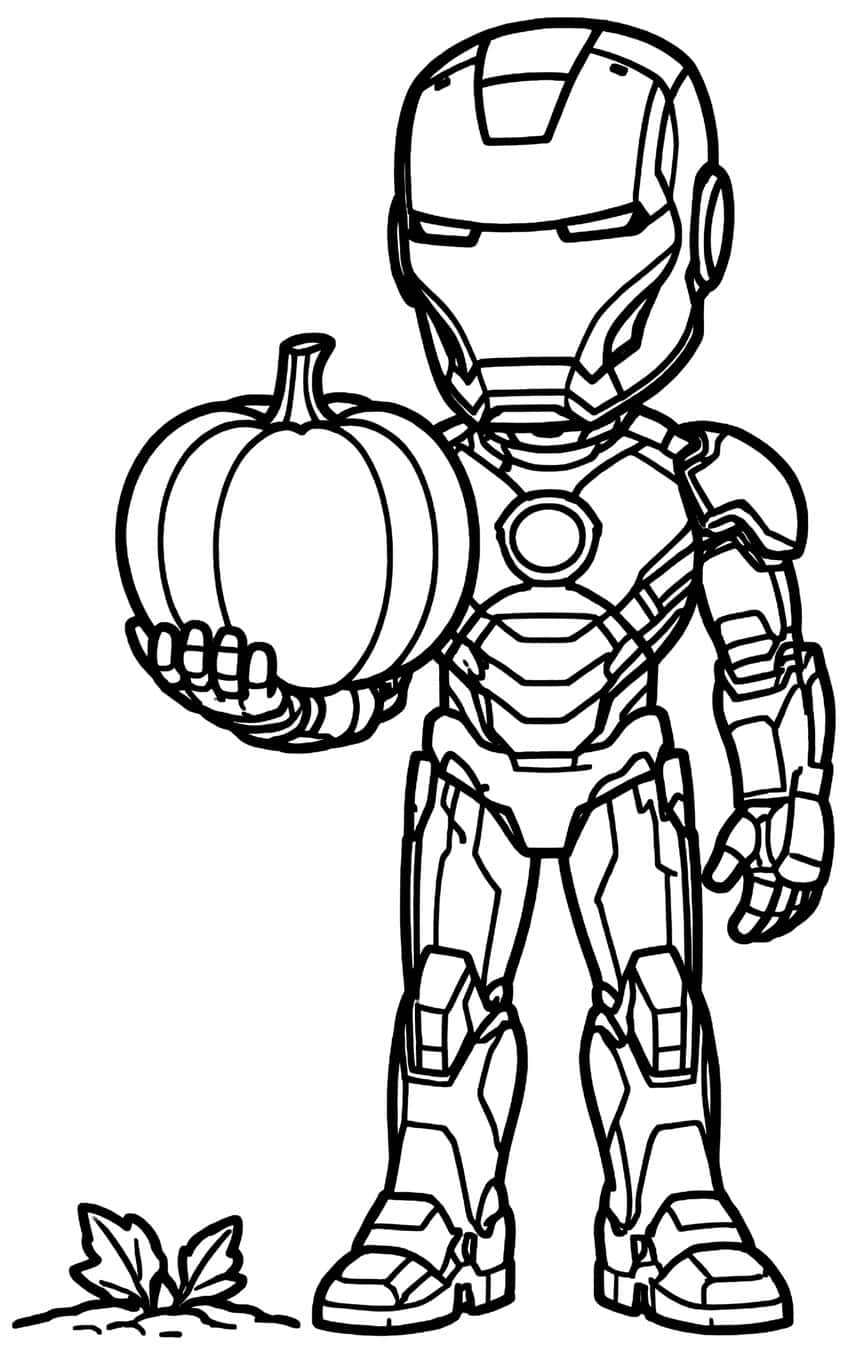 Chibi Iron Man holding a ribbed pumpkin on his palm, with a small leafy sprout on the ground