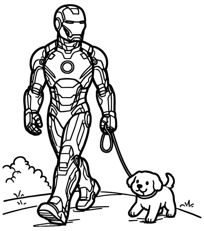 Iron Man walking a small puppy on a leash along a path with a bush and grass tufts