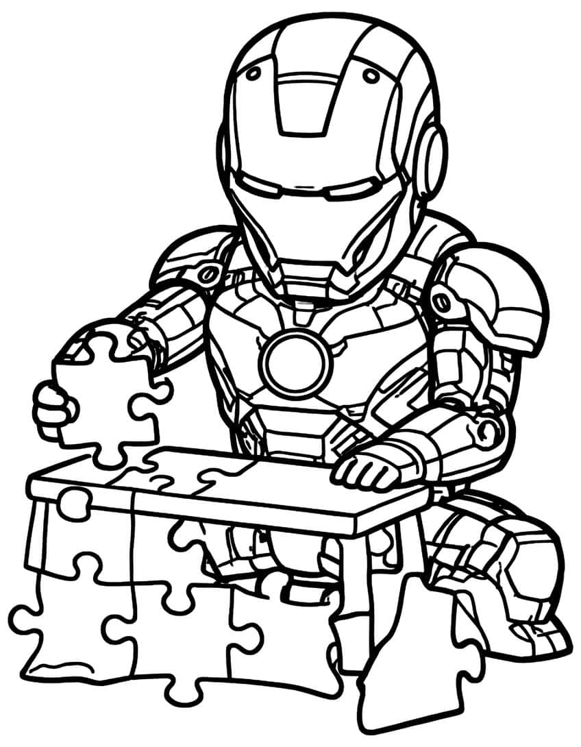 Chibi Iron Man at a table holding a jigsaw piece, with puzzle pieces scattered below