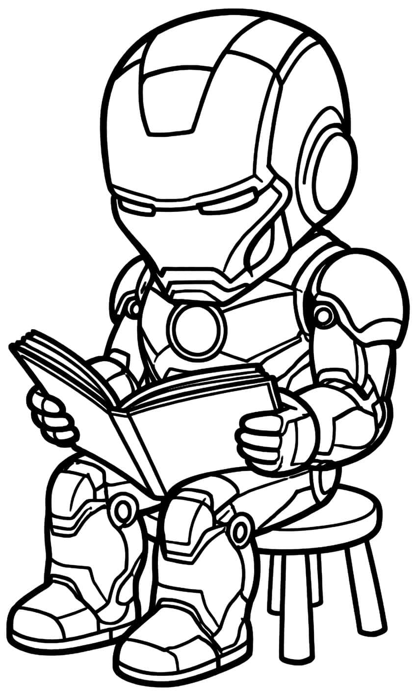 Chibi Iron Man sitting on a round stool reading an open book