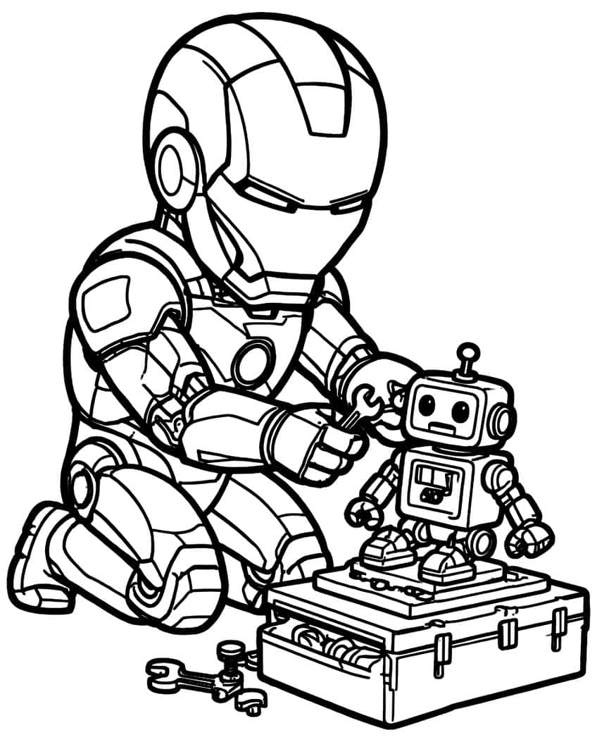 Kneeling Iron Man fixing a small robot on a toolbox with a wrench