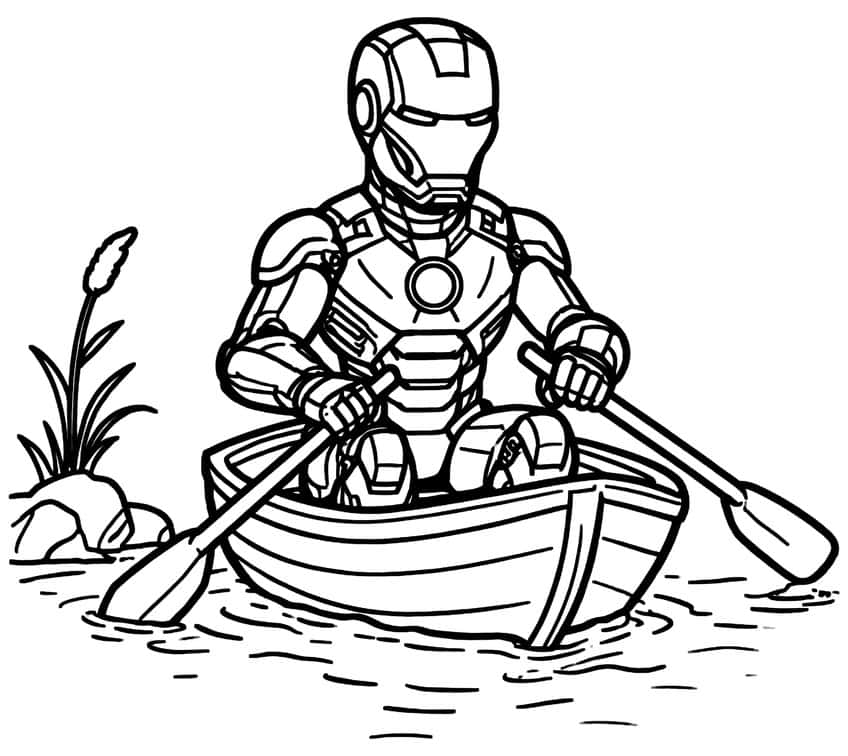 Iron Man rowing a wooden boat with two oars on rippled water, a cattail and a rock at the left