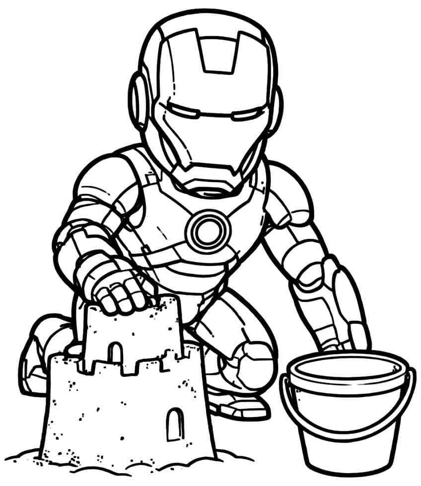 Iron Man crouching and patting a sandcastle with arched windows, a sand bucket with a handle beside him