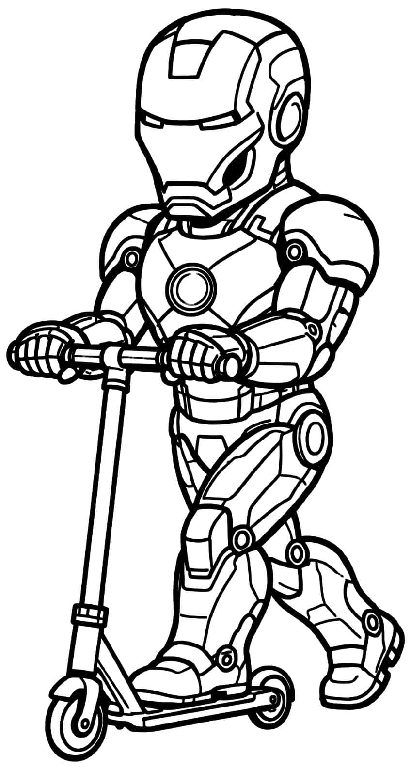 Chibi Iron Man in armor riding a kick scooter, hands on the handlebar, arc reactor on his chest