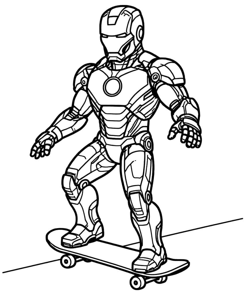 Iron Man in a crouched stance on a skateboard with four wheels, arms spread, arc reactor on chest