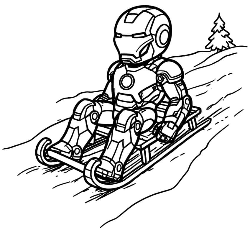 Chibi Iron Man riding a sled down a snowy hill with a fir tree on the ridge
