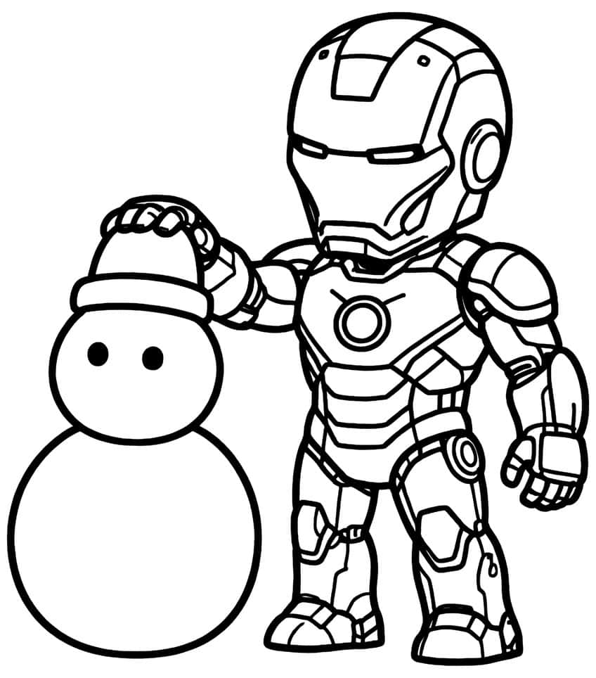 Chibi Iron Man with hand on the hat of a two-ball snowman with dot eyes